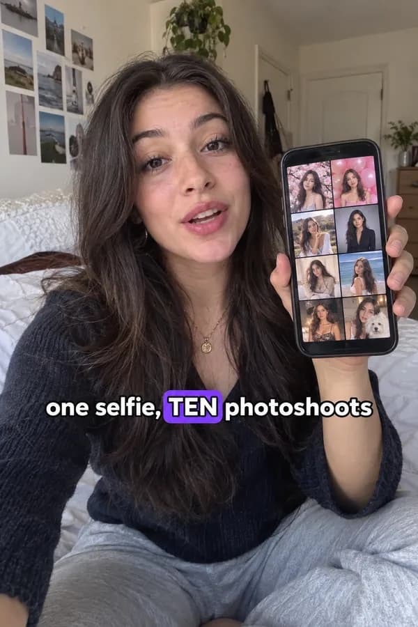 AI actor on her bed holding a phone full of AI portraits, caption: one selfie, ten photoshoots