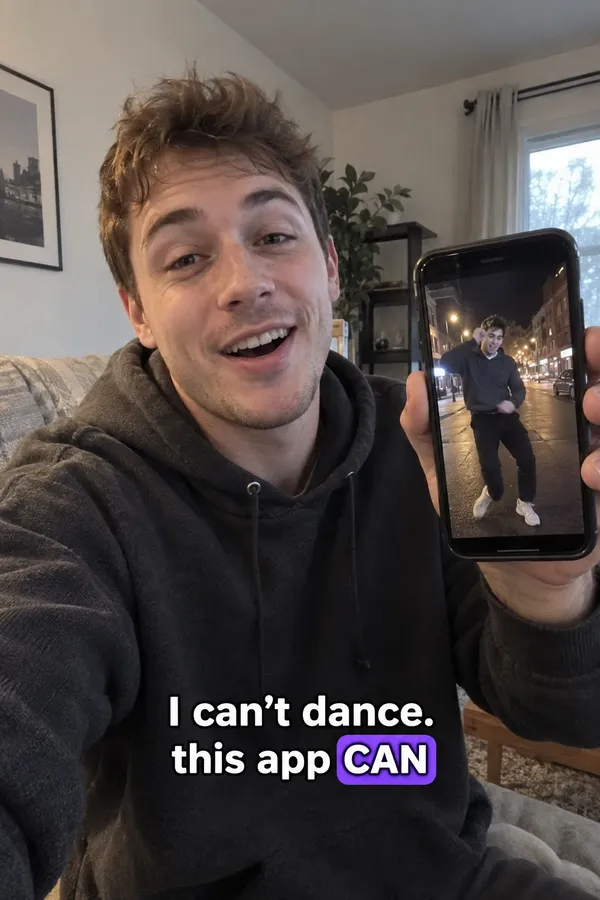 AI actor in a hoodie holding a phone that shows him dancing, caption: I can't dance, this app can