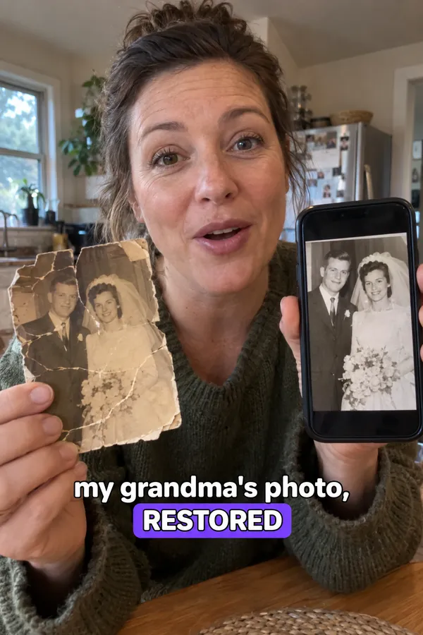 AI actor holding a torn old wedding photo and a phone with the restored version, caption: my grandma's photo, restored