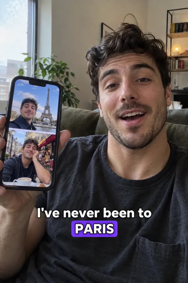 AI actor on a couch holding a phone with AI photos of him in Paris, caption: I've never been to Paris