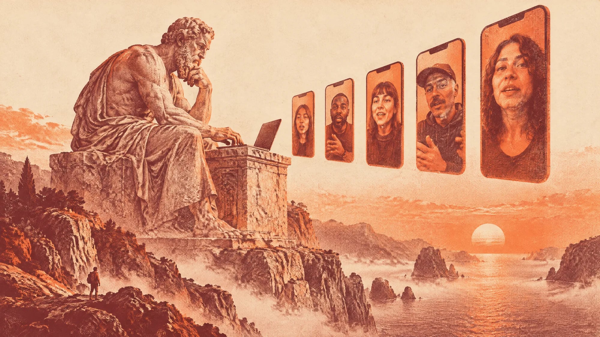 A giant marble thinker types on a laptop while a row of phone screens with people talking to camera floats beside it