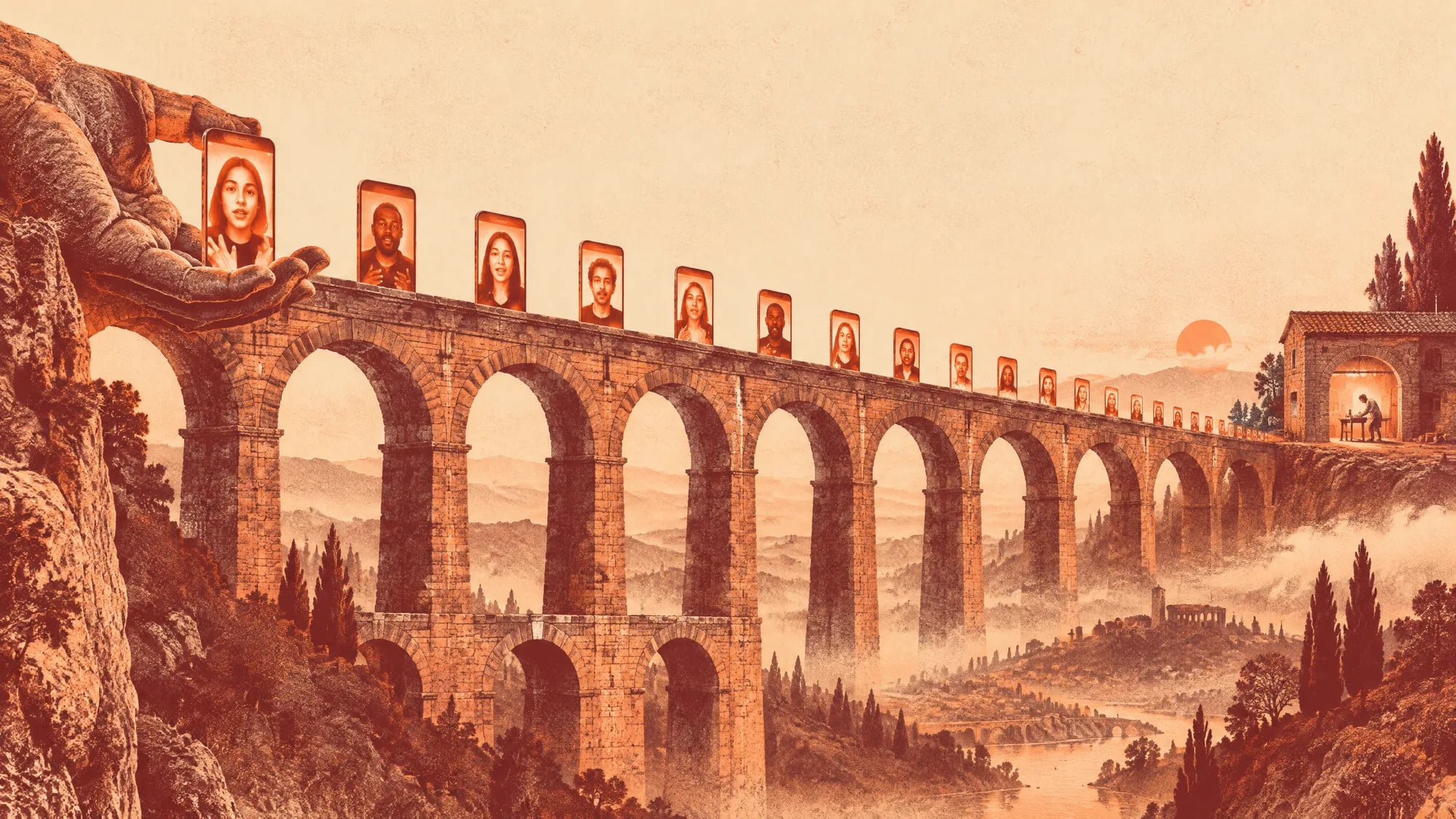 An aqueduct carries a line of phone screens, each showing a person talking to camera, from a giant stone hand to a small workshop