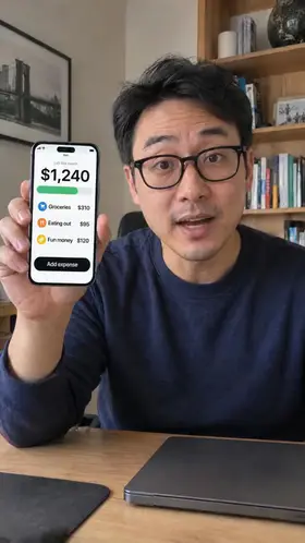 An actor at his home desk holds up his phone showing a budgeting app with $1,240 left this month, an ad for a budget app.
